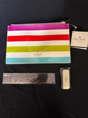 kate spade Striped Patent Pencil Pouch in Pink, Red, Lime, Aqua, White